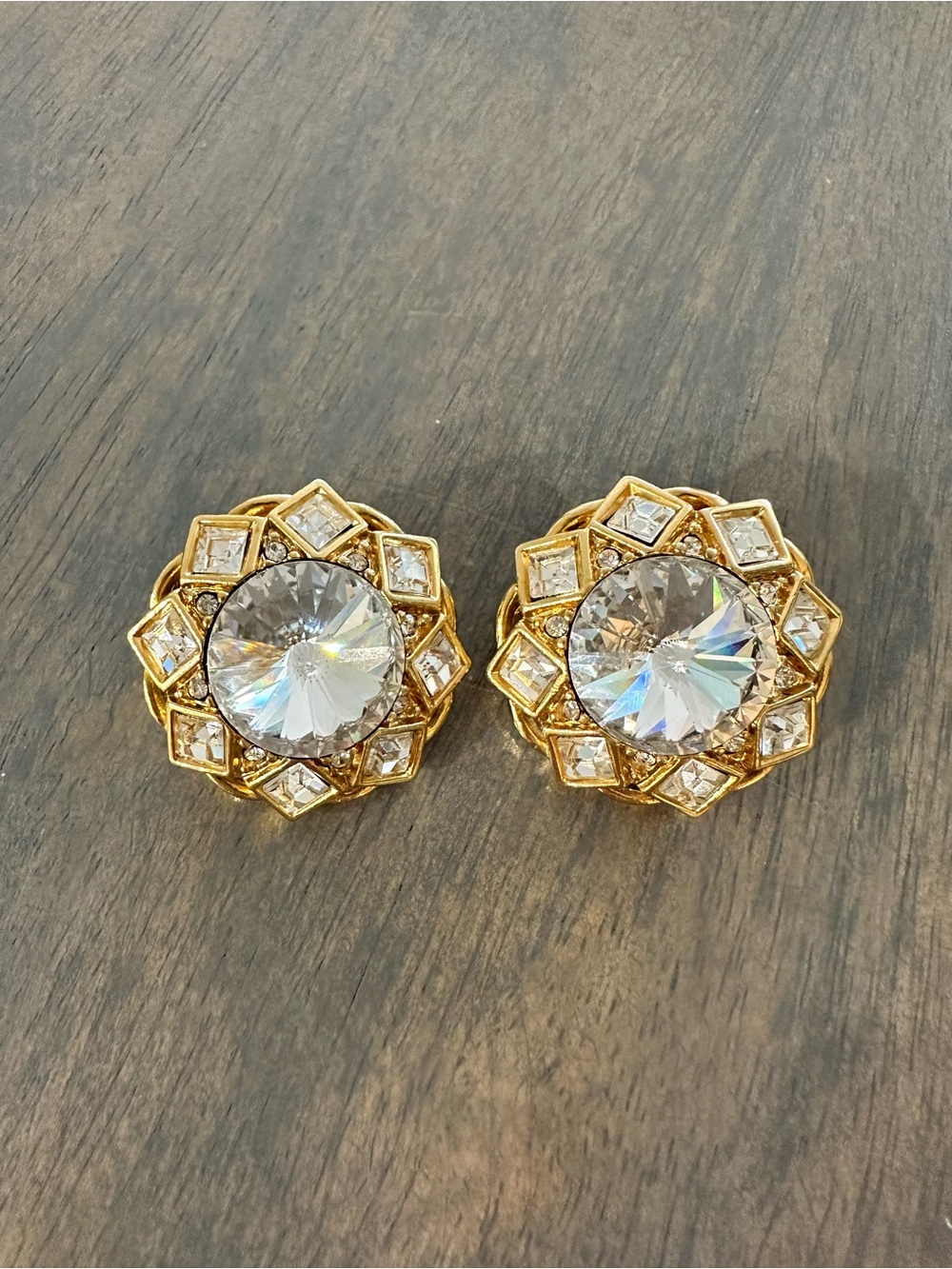 Vintage St. John Gold Tone Clip-on Crystal Rhinestone Earrings Signed